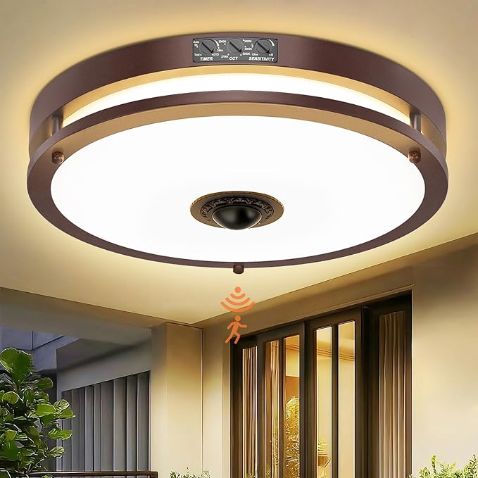 24W LED Motion Sensor Outdoor Ceiling Light, 12IN 2700K/3000K/3500K/4000K/5000K Brown Adjustable Ceiling Lights, Dusk to Dawn Flush Mount LED Ceiling Light Fixture for Porch, Garage