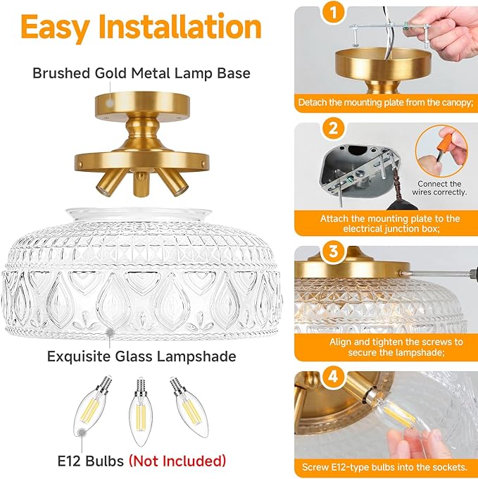 SunRider Semi Flush Mount Ceiling Light, Modern 3-Light Globe Glass Ceiling Light Fixture, Gold Indoor Pendant Lamp for Hallway Porch Kitchen Bedroom