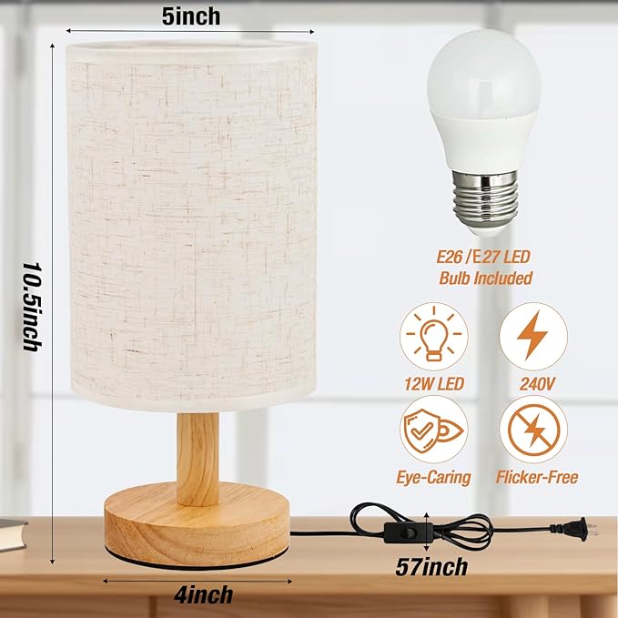 Desk Lamp LED Bulb Included, Small Bedside Table Lamp Plug-in - Classic Wood Base with Flaxen Fabric Shade, Lamps for Night Stands, Simple Nightstand Light for Bedroom, Office, Desk