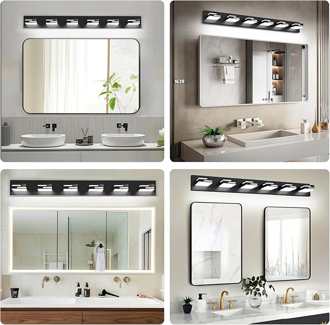 LED Modern Bathroom Vanity Light Fixtures, 6-Light 40-inch Dimmable Matte Black Vanity Lights for Bathroom Lighting Fixtures Over Mirror, with 360° Rotatable Acrylic Heads (Cool White 6000K)