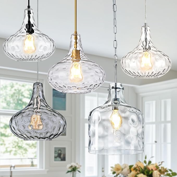 Glass Large Pendant Lights for Kitchen Island Blown Glass Pendant Light Clear Hammered Shade Hanging Ceiling Lights with Black Finish for for Kitchen Island, Sink, Hallway, Living Room 11 inch