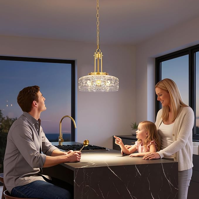 Vintage 3-Light Pendant Lights Kitchen Island, Gold Brushed Metal & Clear Glass Ceiling Pendant Light, Adjustable Antique Large Chandelier Light Fixture Over Table ,Bathroom, Breakfast, Hallway, E12*3