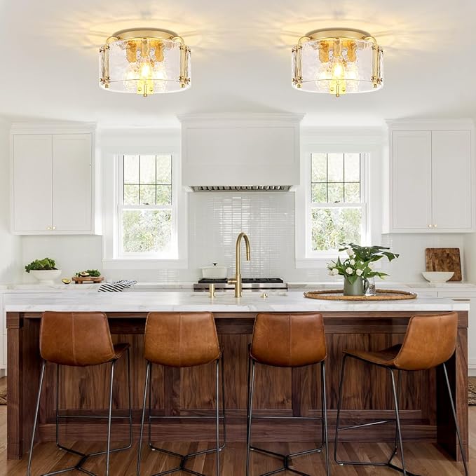 TOULMJ 15'' Modern Gold Semi Flush Mount Ceiling Light, 3-Light Hammered Glass Kitchen Ceiling Lighting Entryway Light Fixtures Ceiling Lamp for Hallway Foyer Bathroom Laundry Dining Room Bedroom