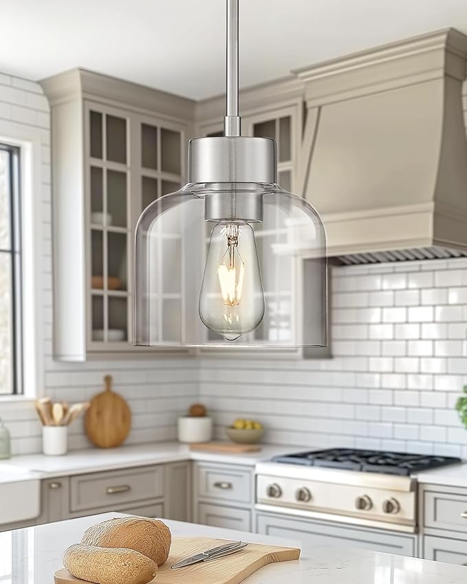 2-Pack Pendant Lights Kitchen Island, 7" Brushed Nickel Hanging Lights Fixtures with Clear Glass Shade, Modern Kitchen Pendant Lighting Over Island for Dining Room, AD-24024-1P2-SN