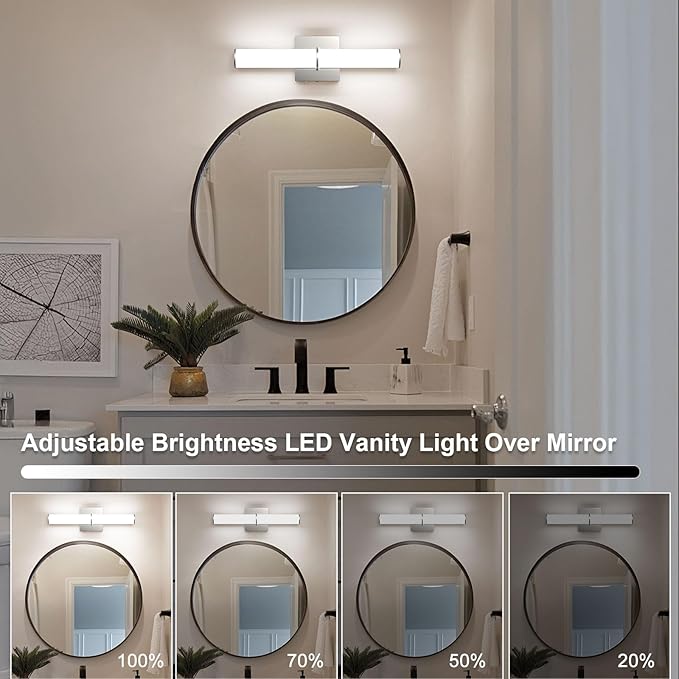 OOWOLF 17.3" Modern Vanity Light Fixture with Switch, 12W 5000K Led Bathroom Light Fixture Over Mirror, Hardwired, Brushed Nickel 1200LM Vanity Light Bar for Mirror Bedroom Hallway Living Room 2Pack