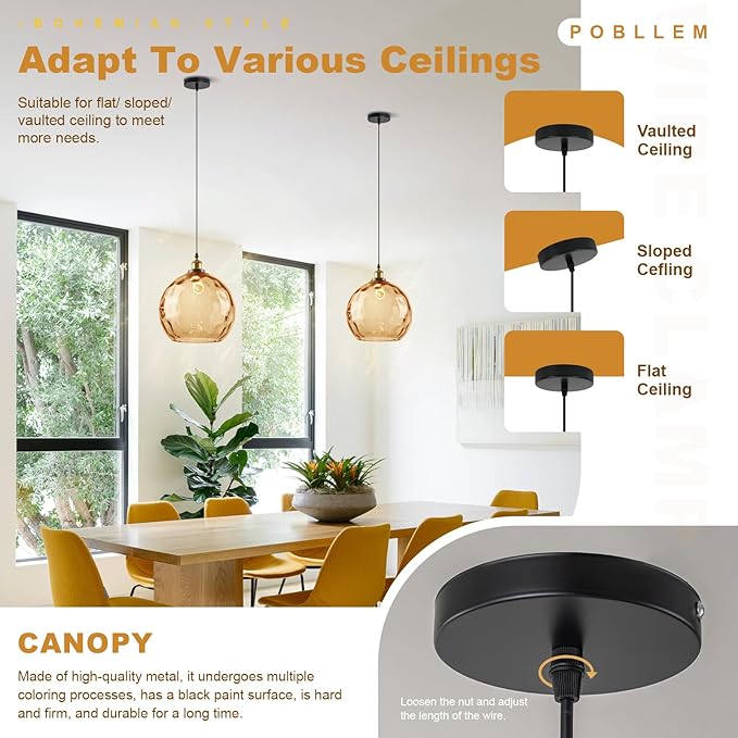 Vintage Amber Pendant Lighting, 13.8" Large Glass Pendant Light with Hammered Globe Shade, Modern Farmhouse Black and Gold Pendant Hanging Light Fixture for Kitchen Island Dining Room Bedroom