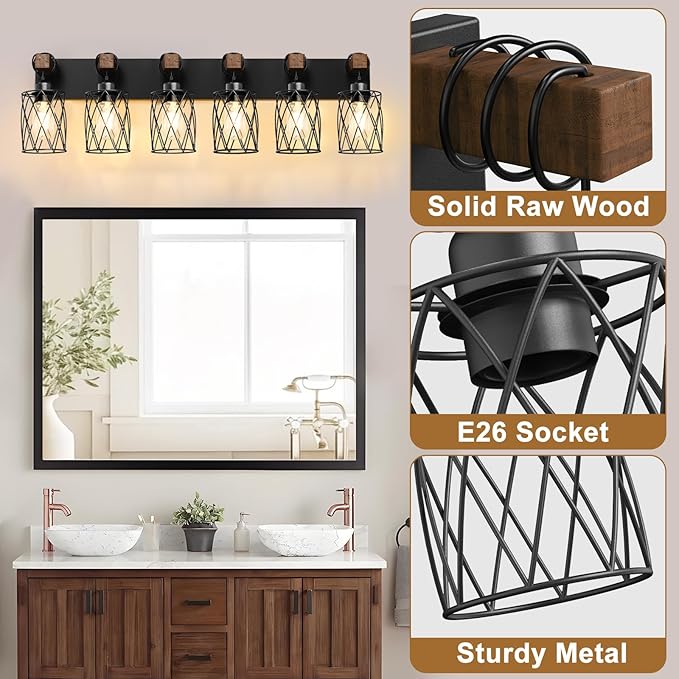 IZORRO Farmhouse Bathroom Vanity Light, 6-Light Wood Bathroom Light Fixtures Over Mirror, Black Industrial Vanity Lights with Metal Shade, Rustic Restroom Lighting Fixtures