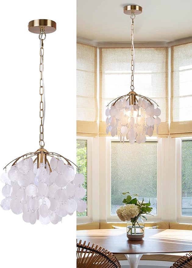 Capiz Shell Pendant Light, 12.6” Gold Coastal Hanging Chandelier, Adjustable Height up to 51”, E26 Hardwired Ceiling Light for Living Room, Dining Room, Bedroom, Entryway