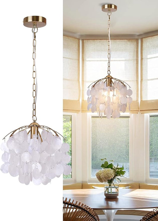 Capiz Shell Pendant Light, 12.6” Gold Coastal Hanging Chandelier, Adjustable Height up to 51”, E26 Hardwired Ceiling Light for Living Room, Dining Room, Bedroom, Entryway