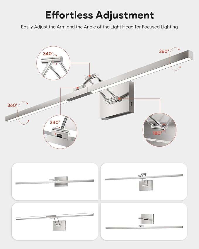 VONLUCE 36" LED Bathroom Vanity Light, 3CCT Modern LED Vanity Lights with 360° Rotatable Head Swing Arm, 15.4W Bathroom Light Fixture Over Mirror, LED Lights for Bathroom Bedroom, Brushed Nickel