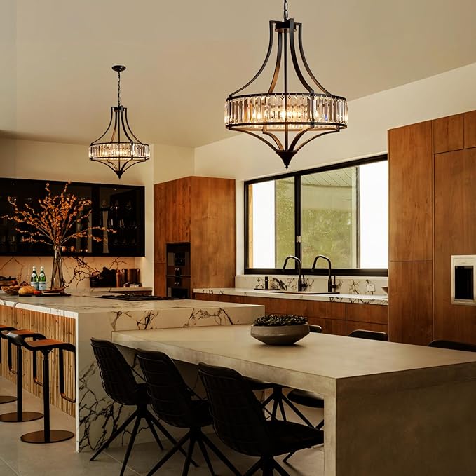 Crystal Chandeliers for Dining Room Rustic Farmhouse Chandelier with Round Metal Shade 6-Light Black Large Crystal Light Fixture for Kitchen Island Hallway Bedroom Home Office