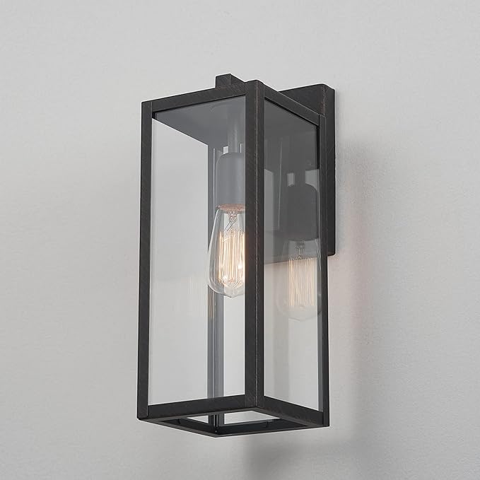 Globe Electric 44837 1-Light Outdoor Indoor Wall Sconce, Brushed Dark Bronze, Clear Glass Shade, Back Porch Lights, Front Patio, Garage Fixture, Exterior Lighting for House