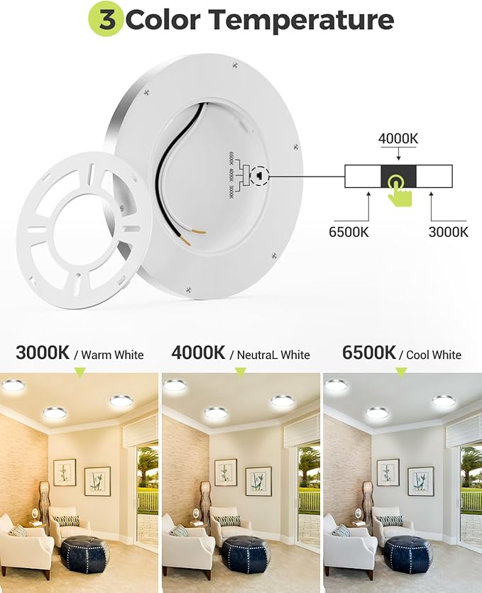 hepside 2PACK LED Flush Mount Ceiling Light, 3CCT Selectable 3000K-4000K-6500K & 100W Equivalent Modern Kitchen Recessed Ceiling Lamp 15W 1500Lm 7.5 Inch for Bathroom Closet Laundry Bedroom