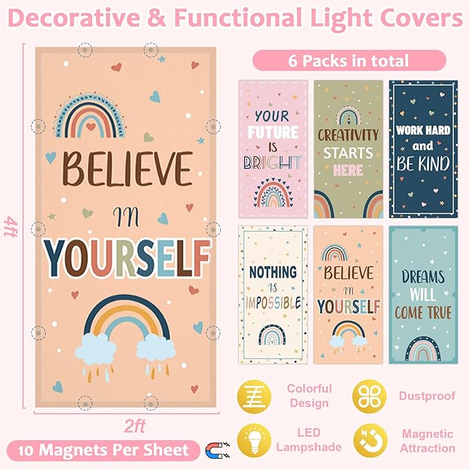 QOUBAI 6 Pcs Fluorescent Light Covers,4 x 2 Ft Magnetic Light Filters Fluorescent Lights Shade Easy Install for Classroom Office Library Hospital Home Ceiling Boho Rainbow