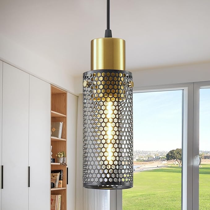 Modern Pendant Light Fixtures, Gold Cylinder Pendant Lapms with Iron Mesh, Adjustable Metal Ceiling Hanging Light Fixture for Kitchen Island Dining Room Entryway Bar 1-Light