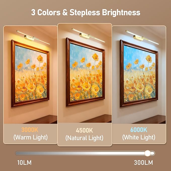 Glendan Wireless Picture Light for Wall: 24" Rechargeable Art Light with Remote & Timer, 8000mAh Battery Operated Poster Lights, 3 Color Modes & 3 Brightness Levels for Pictures, Gallery, Frame