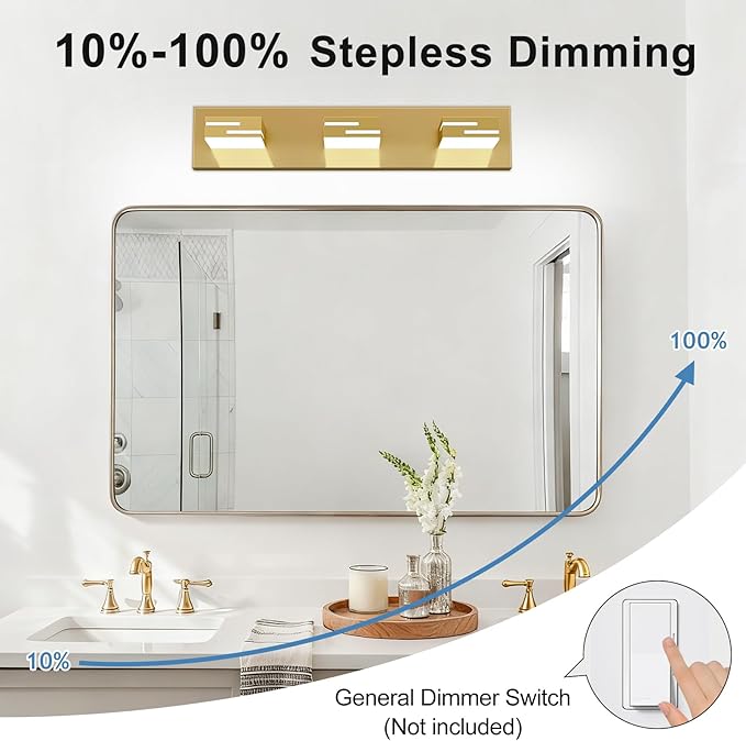 LED Modern Bathroom Vanity Light Fixtures, 3-Light 22-inch Dimmable Gold Vanity Lights for Bathroom Lighting Fixtures Over Mirror, with 360° Rotatable Heads (Cool White 6000K)
