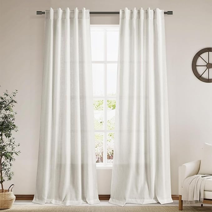 Cream Linen Curtains Back Tab Sheer Curtains 90 Inches Long for Living Room 2 Panels Rod Pocket Neutral Semi Sheer Light Filtering Pleated Curtain Drapes Ivory Farmhouse Dining Room Curtain 40x90