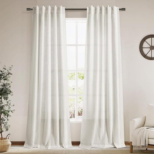 Linen Sheer Curtains 108 Inches Long Back Tab Rod Pocket 2 Panels Cream Semi Sheer Extra Long Curtains Light Filtering Modern Boho Drapes for Living Room Luxury Floor Length Curtain 9Ft 40x108