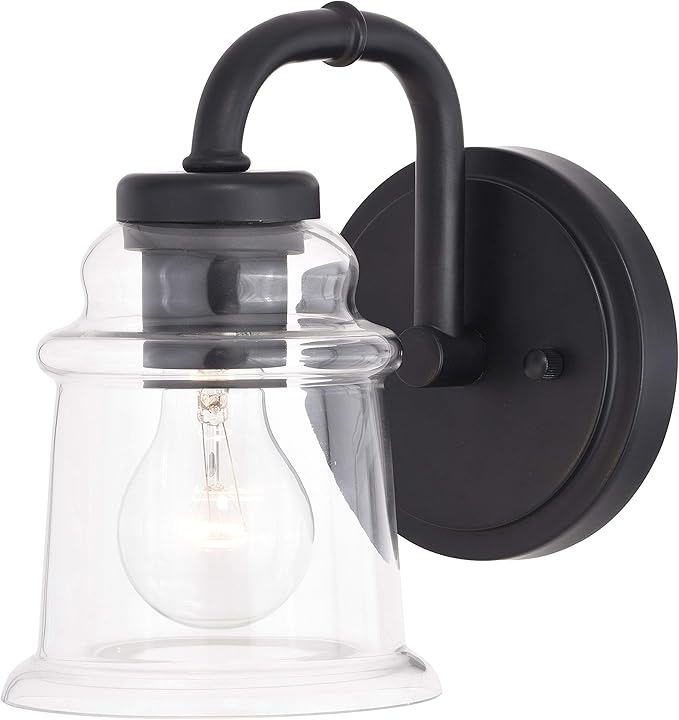 VAXCEL Toledo 1-Light 5.25 inch Wide Matte Black Industrial Bathroom Vanity Lighting Fixture, Clear Glass Shade, Dimmable, LED Compatible, Wall Mounted Steel Sconce