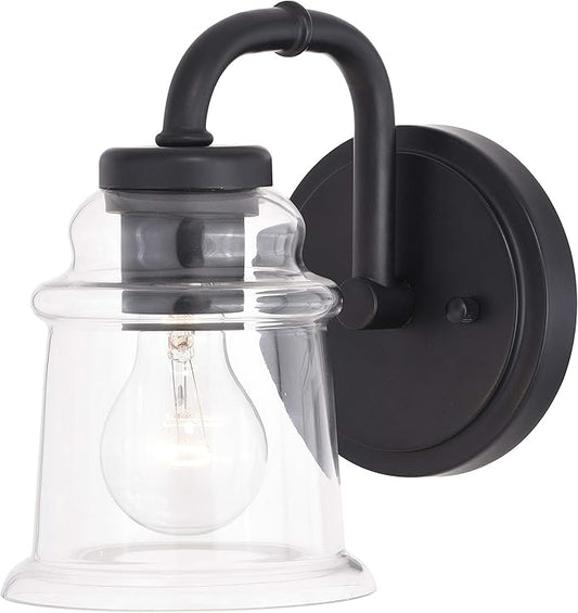 VAXCEL Toledo 1-Light 5.25 inch Wide Matte Black Industrial Bathroom Vanity Lighting Fixture, Clear Glass Shade, Dimmable, LED Compatible, Wall Mounted Steel Sconce