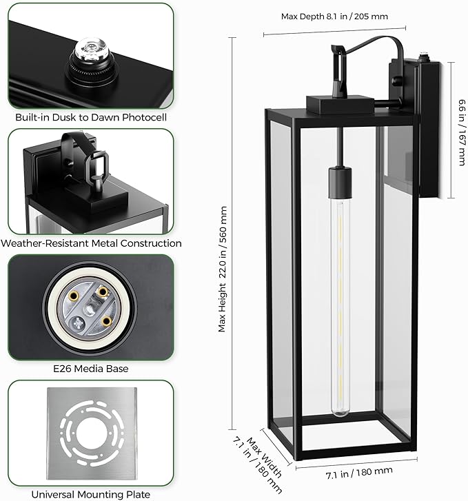 DORESshop 22 Inch Large Size Dusk to Dawn Outdoor Wall Lights, Matte Black Waterproof Anti-Rust Outdoor Light Fixtures Wall Mount with Clear Glass Shade for Porch, with T30 Light Bulbs, 2 Pack