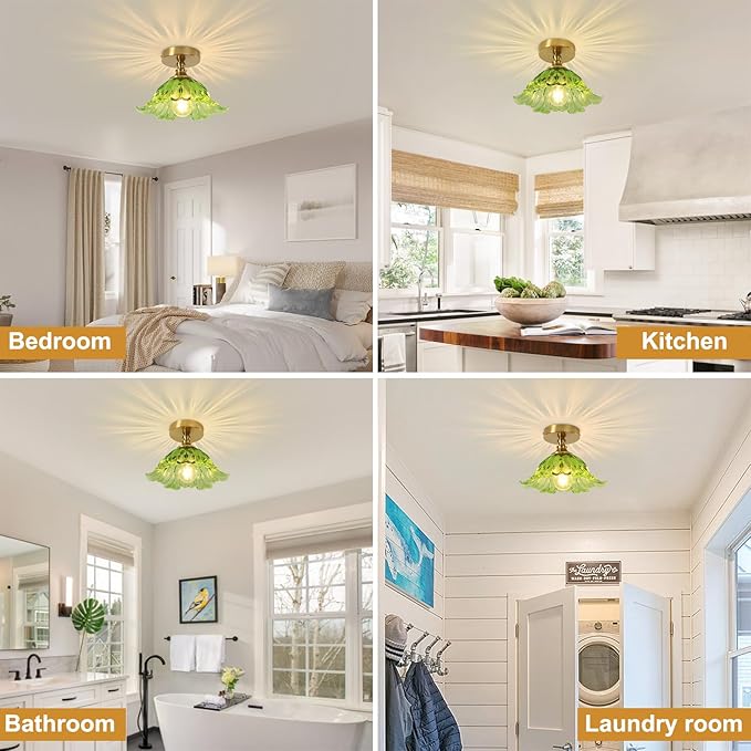 Semi Flush Mount Ceiling Light Fixture, 11in Green Glass Vintage Light Fixtures Ceiling for Hallway Kitchen Foyer Entryway Bedroom, E26 Base