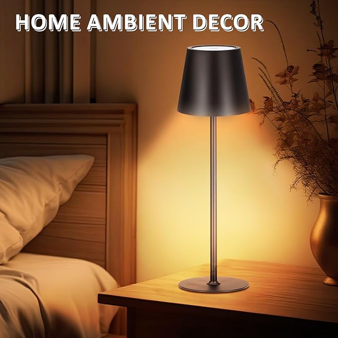 Retisee 12 Pack Cordless Table Lamp Portable LED Rechargeable Desk Lamp 3000mah Battery Operated 3 Color Stepless Dimming Waterproof Touch Control for Bedroom Restaurant (Black,Round Base)