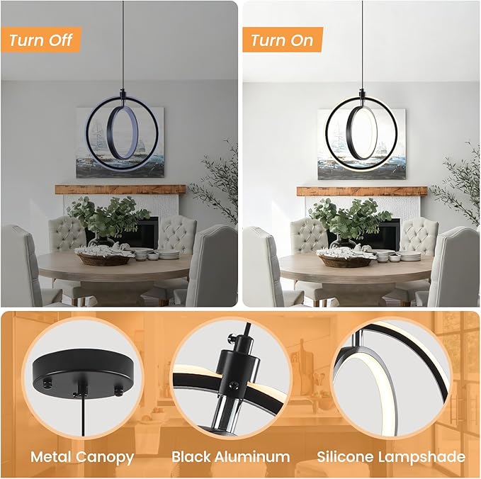 Modern LED Pendant Lights, 2 Pack Ring Pendant Light Fixtures for Kitchen Island, 3000K Warm White Pendant Lighting for Dining Room, Living Room, Bedroom, Bathroom
