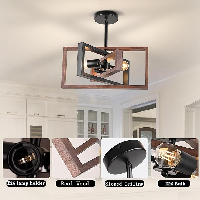 HuisMier Farmhouse 3-Light Flush Mount Ceiling Light Fixture Rustic Metal and Wood Chandelier Retro Close to Ceiling Lighting for Kitchen Entryway Hallway Bedroom Dining Room Living Room Foyer