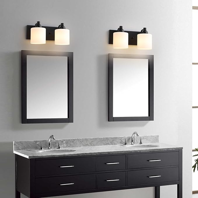 Mecgirn Milk Glass Vanity Lights for Bathroom, 2 Light Matte Black Bathroom Light Fixtures Over Mirror, Ceramic E26 Sockets Wall Mounted