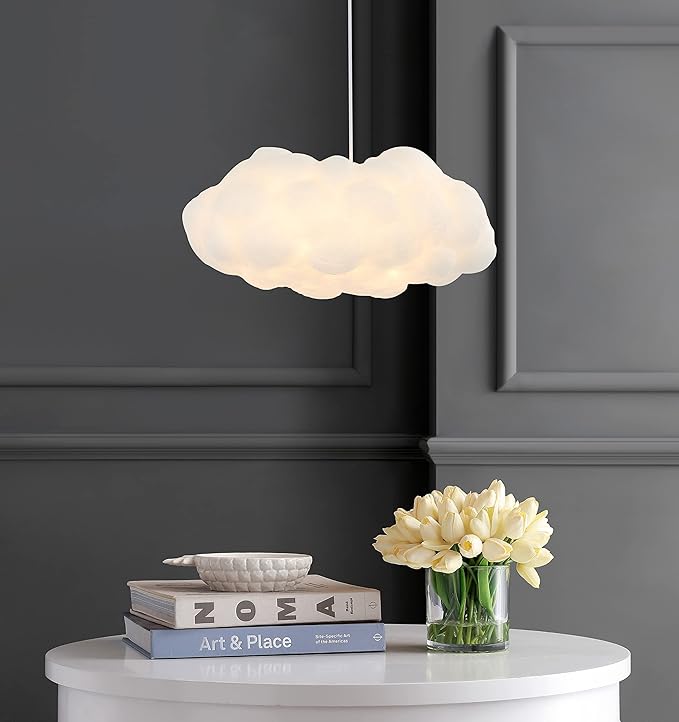 JONATHAN Y 23" White 2-Light Silk Cloud Pendant, Modern Contemporary Bohemian Hanging Ceiling Fixture for Bedroom Living Room, Adjustable Height, LED Bulbs Included JYL9073A