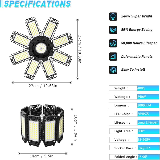 Garage Light 8 Pack - 240W 24000LM 6500K Garage Lights Ceiling LED with 8+1 Deformable Panels, E26/E27 Screw Socket in LED Shop Light for Workshop, Basement, Gym, Barn, Warehouse etc Bay Lighting