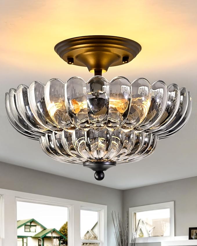 3-Light Corridor Fixture Semi-Recessed Ceiling Light Smoked Glass Modern Lighting Suitable for Bedrooms, Kitchens, Entryways, Bathrooms