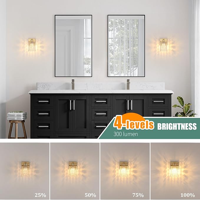 Shenmoyl Set of 2 Crystal Battery Operated Wall Sconce,Rechargeable Wall Lamp with 5200mAh Battery & Remote Control, Modern Dimmable Wireless Wall Lights for Bedroom Bathroom (Clear, Gold Base)