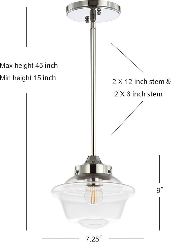 JONATHAN Y 7.25" Chrome Modern Schoolhouse LED Pendant Light Fixture, Adjustable Drop Metal Hanging Lamp with White Glass Shade for Kitchen Island, Dining Room, Foyer (JYL3516B)