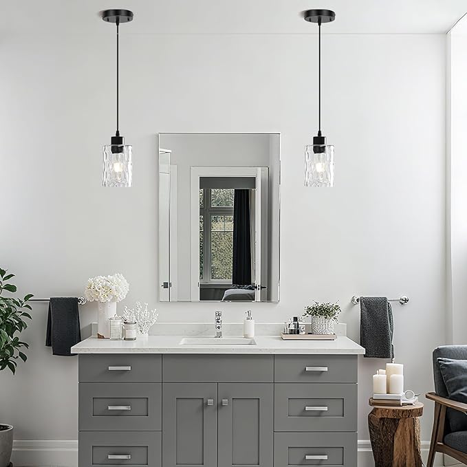 2 Pack Black Pendant Lights Kitchen Island, Adjustable Modern Glass Pendant Light Fixtures Hanging Light Fixture with Hammerde Glass Shade for Bedroom Dining Room Living Room Entryway