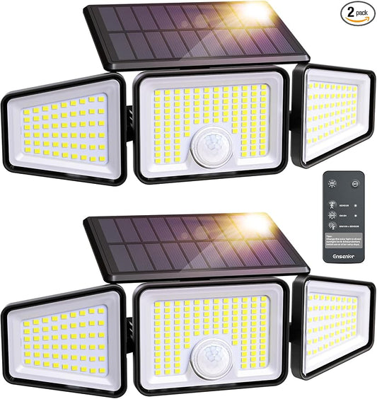 Ensenior Solar Motion Lights Outdoor, 3000LM 220 LED High Brightness Motion Sensor Outdoor Lights, 3 Head 4 Modes 270° Wide Angle Flood Lights IP65 Waterproof, Remote Control Security Lights, 2 Pack
