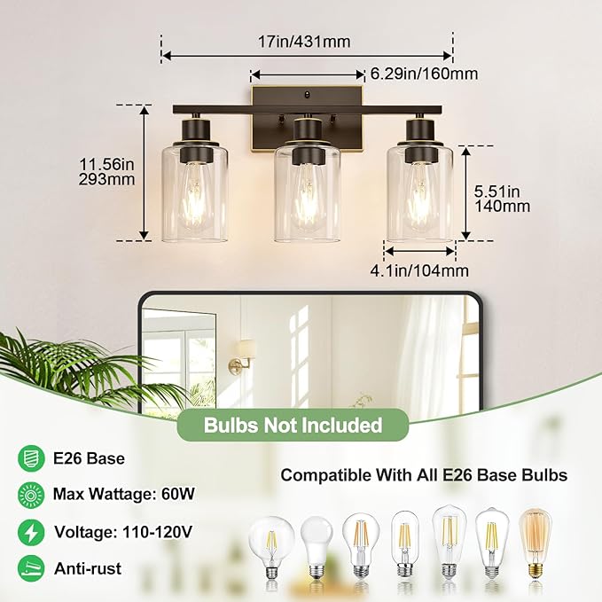 Indoi 3 Light Bathroom Light Fixtures, Oil-Rubbed Bronze Modern Vanity Lights with Clear Glass Shades, Bathroom Wall Lamp for Mirror Living Room Cabinet Bedroom Porch