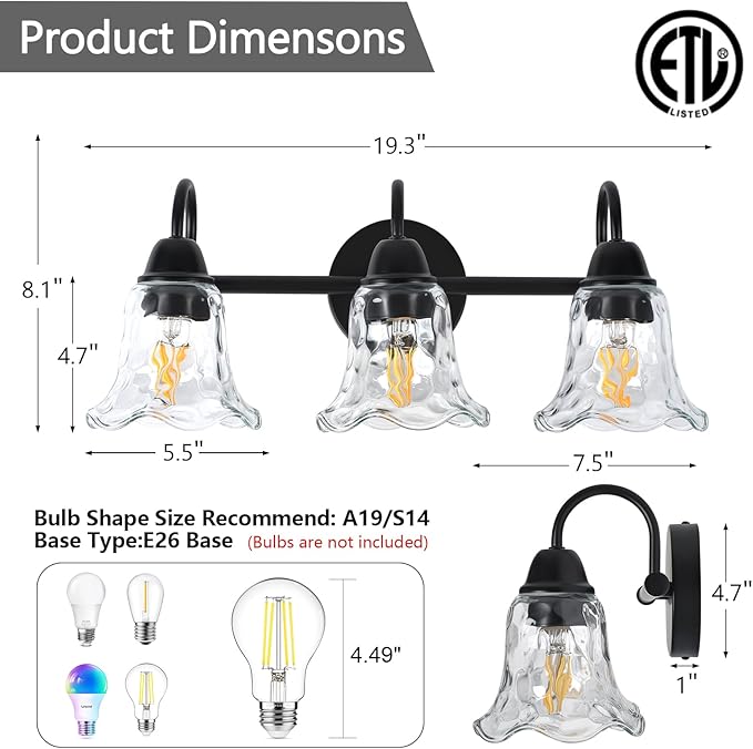 Bathroom Light Fixtures over Mirror, 3 Lights Vintage Wall Sconces with Hammered Glass Shade, 19.3" Matte Black Farmhouse Bathroom Wall Light Fixtures for Bedroom, Porch, Hotel, Mirror Cabinet