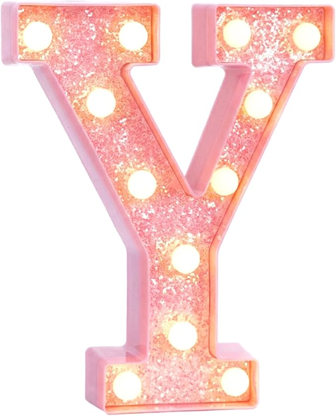 Pink Marquee Light Up Letters, Glitter Alphabet LED Letter Lights for Pink Birthday Party Decorations, Battery Operated Letter Sign for Girls Room Vanity Table Decor, Warm White Lights Letter Y