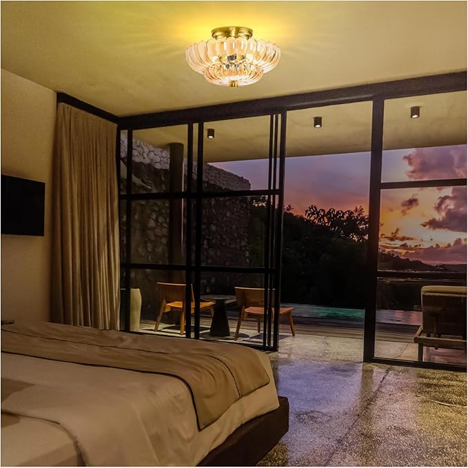 Semi Flush Mount Ceiling Light Fixture Vinatge Gold Ceiling Lights Mid Century Modern Glass Close to Ceiling Lighting Fixtures for Bedroom Hallway Foyer Bathroom Kitchen Laundry Room Nursery