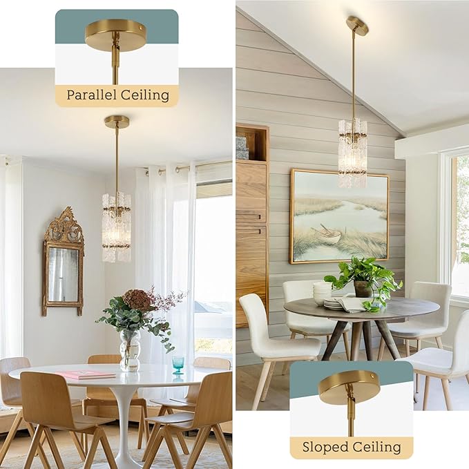 KELUOLY Modern Gold Crystal Pendant Light for Kitchen Island, Luxury Mini Water Ripple Glass Chandelier Lights Fixture, E26 Square Adjustable Hanging Pendant Lighting for Dining Room Bedroom (1-Pack)
