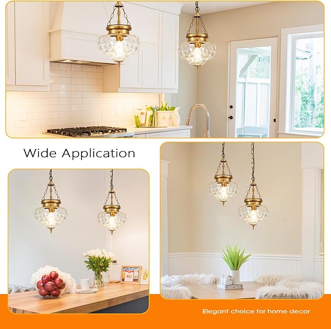 Vintage Pendant Light - Bronze Gold Pendant Lights Kitchen Island with Hammered Glass Shade, Brass Penant Lighting Fixtures with Adjustable Hanging Chain for Kitchen, Dining Room, Entryway