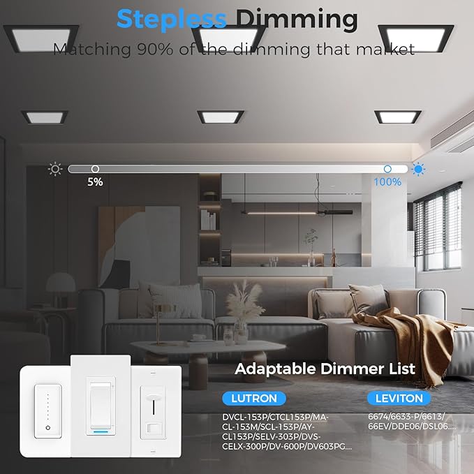 HONZIN 4 Pack 8 Inch Square LED Recessed Lighting, Ultra-Thin Canless Ceiling Light, 5CCT Selectable 2700K/3000K/3500K/4000K/5000K, 20W Dimmable, IC Rated with Junction Box, Black Trim