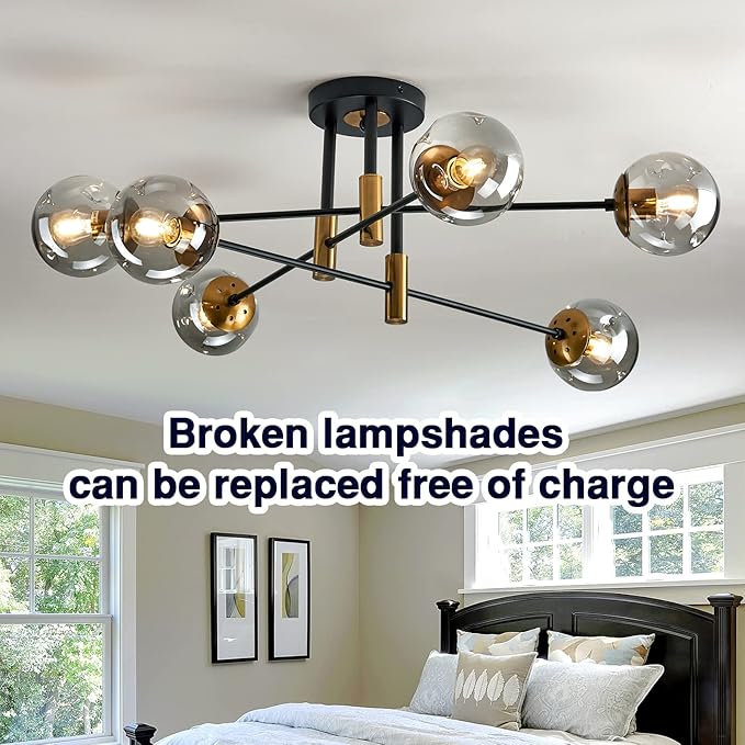 SZXYKEJI6-Lights Glass Globe Sputnik Chandelier Modern Flush Mount Ceiling Light Fixture Farmhouse Lighting for Dining Room Living Room Bedroom Kitchen Passageway(Balck and Gold)