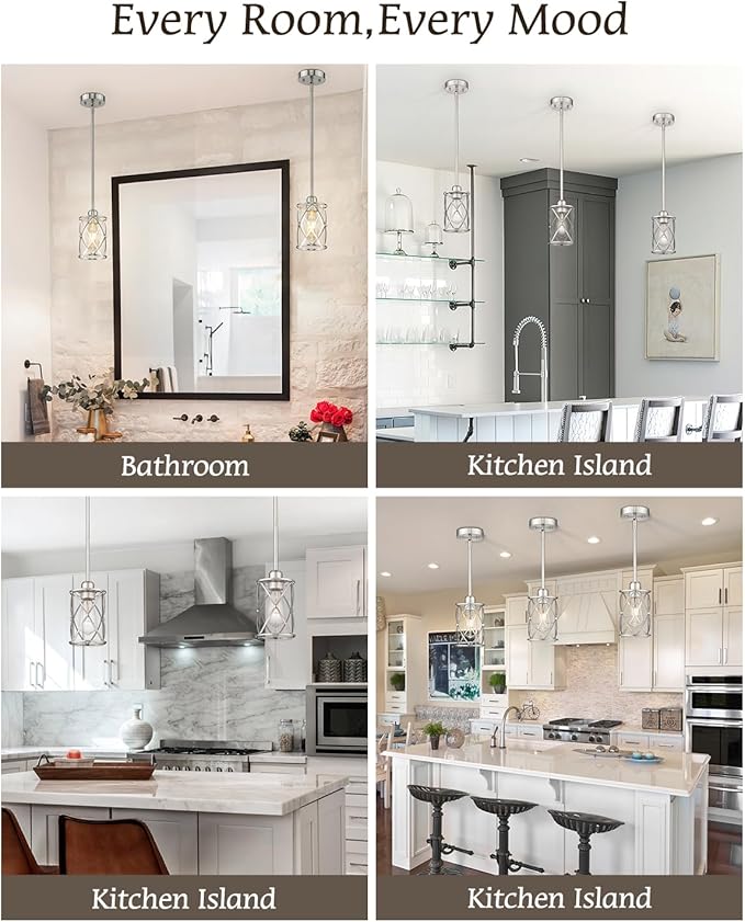 Brushed Nickel Pendant Lights Kitchen Island 2 Pack, Mini Glass Pendant Light Fixtures with Clear Glass, Modern Hanging Lighting for Kitchen Sink Dining Room Bathroom, CH9176BN-2PK