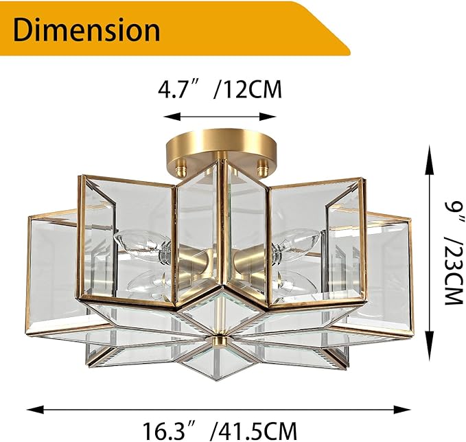 Milaii Star Semi Flush Mount Ceiling Light Fixture 16.3in Copper Brass Close to Ceiling Light Clear Glass 4-Light Hallway Lights for Kitchen Bedroom Foyer