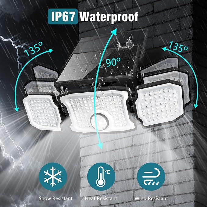 Solar Lights Outdoor Waterproof- 2800LM 200LED Solar Motion Sensor Lights, 3 Heads & 3 Modes Flood Lights, 270° Wide Angle Solar Powered Security Lights for Yard, Garage(4 Pack)