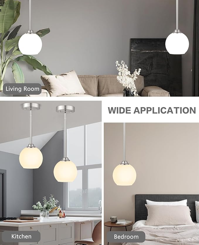 Modern Pendant Light Fixtures 2 Pack, Brushed Nickel Pendant Lights with Milk Frosted Shade,Pendant Lights Kitchen Island, Kitchen Pendant Lighting Over Island, Hanging Lights for Kitchen
